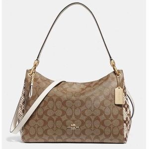 Coach Brown Signature Canvas Shoulder Bag with Cream Accents